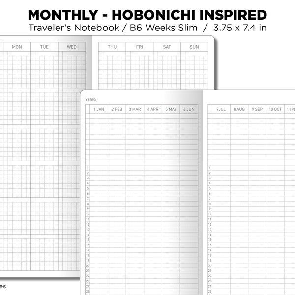 B6 WEEKS Slim Monthly Hobonichi Weeks Inspired Layout GRID Monday or Sunday Start Minimalist