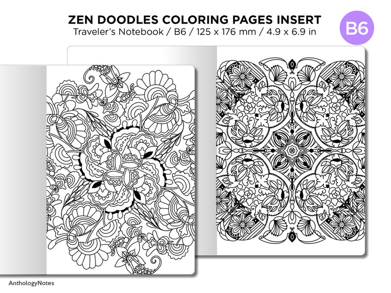 B6 Zen MANDALA Doodles COLORING Activity TN Insert Traveler's Notebook image 1