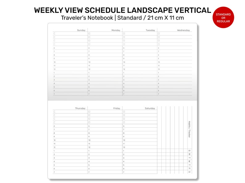 Puede incluir: Un planificador semanal en formato horizontal. El planificador est&aacute; dise&ntilde;ado para un Traveler's Notebook y mide 21 cm por 11 cm. El planificador tiene un tama&ntilde;o est&aacute;ndar o regular.