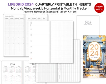 2024 LIFEGRID Traveler's Notebook QUARTERLY Insert Standard Size - Monthly, Weekly and Monthly Tracker GRID