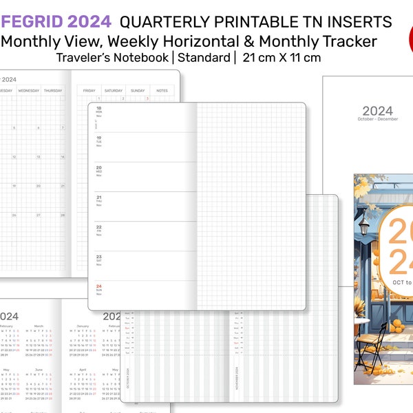 Carnet de voyage LIFEGRID 2024, insertion trimestrielle, taille standard, grille de suivi mensuelle, hebdomadaire et mensuelle