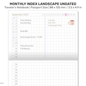 Könnte beinhalten: Ein monatlicher Index-Landschaftsplaner im Passformat, 3,5 x 4,9 Zoll, mit einem Rasterlayout für September 2029. Der Planer hat eine hellblaue vertikale Linie, die die Seite teilt, und eine kleine Illustration einer Kaffeetasse mit dem Text "cosy vibes".