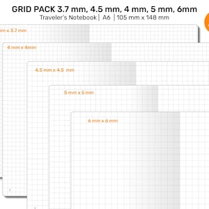 May include: A stack of white grid paper inserts for a Traveler's Notebook. The inserts are labeled with grid sizes: 3.7 mm, 4.5 mm, 4 mm, 5 mm, and 6 mm. The paper is A6 size, measuring 4.1 inches x 5.8 inches. The text "GRID PACK" is at the top.