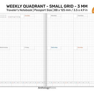 May include: A passport-sized Traveler's Notebook insert with a weekly quadrant layout. The grid is 3 mm, and the dimensions are 88 x 125 mm. The notebook features a grid pattern and days of the week labels. The text "WEEKLY QUADRANT" is at the top.
