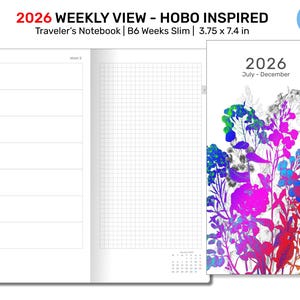 Cuaderno de viaje estilo hobo, formato B6, horizontal, delgado, semanal, con inserto imprimible (2026).