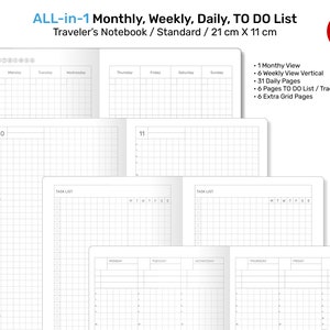 Könnte beinhalten: Ein weißes, kariertes Notizbuch mit einem schwarzen Titel, der "ALL-in-1 Monthly, Weekly, Daily, TO DO List Traveler's Notebook / Standard / 21 cm X 11 cm" lautet. Das Notizbuch hat einen Monats-, Wochen-, Tages- und To-Do-Listen-Bereich.