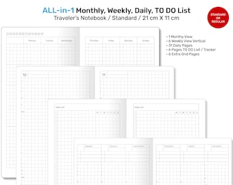 Standard TN ALL-in-1 Monthly, Weekly, Daily, List Printable Traveler's Notebook Refill Insert GRID - Minimalist Functional RTN022-003