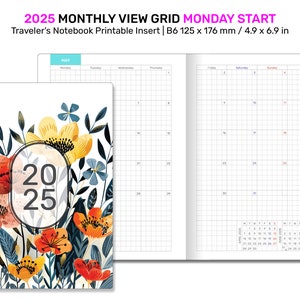 2025 B6 Monthly View Traveler&#39;s Notebook Printable Diary Insert, GRID TN Mo2P - DB6010