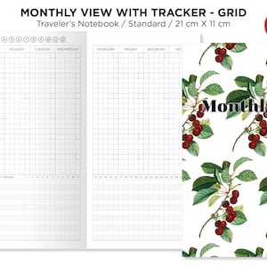 Op de afbeelding: Maandelijkse weergave voor een Traveler's Notebook met raster, 21 cm x 11 cm. De omslag heeft een kersenbloesemmotief. Het notitieboekje bevat een maandelijkse tracker en een sectie voor elke dag van de week.
