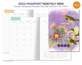 2024 PASSPORT Monthly Diary GRID Traveler's Notebook Printable Insert Mo2P Minimalist