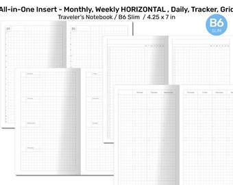 B6 Slim TN All-in-One Monthly, Weekly HORIZONTAL, Tracker To Do, List, Grid Printable Traveler's Notebook Printable Refill Insert B6SL22-002