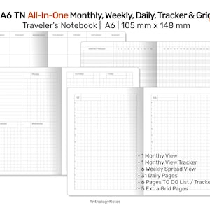 A6 TN All-in-One Monthly View, Tracker, Weekly, Daily, To Do List Printable Traveler&#39;s Notebook Refill