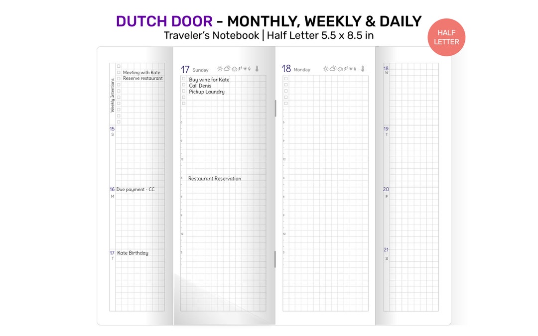 HALF Letter TN Dutch Door Style Traveler's Notebook Printable Insert ...