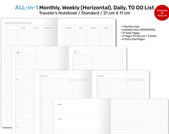 Standard TN ALL-in-1 Monthly, Weekly HORIZONTAL, Daily, List Printable Traveler's Notebook Refill Insert - Minimalist Functional RTN22-004