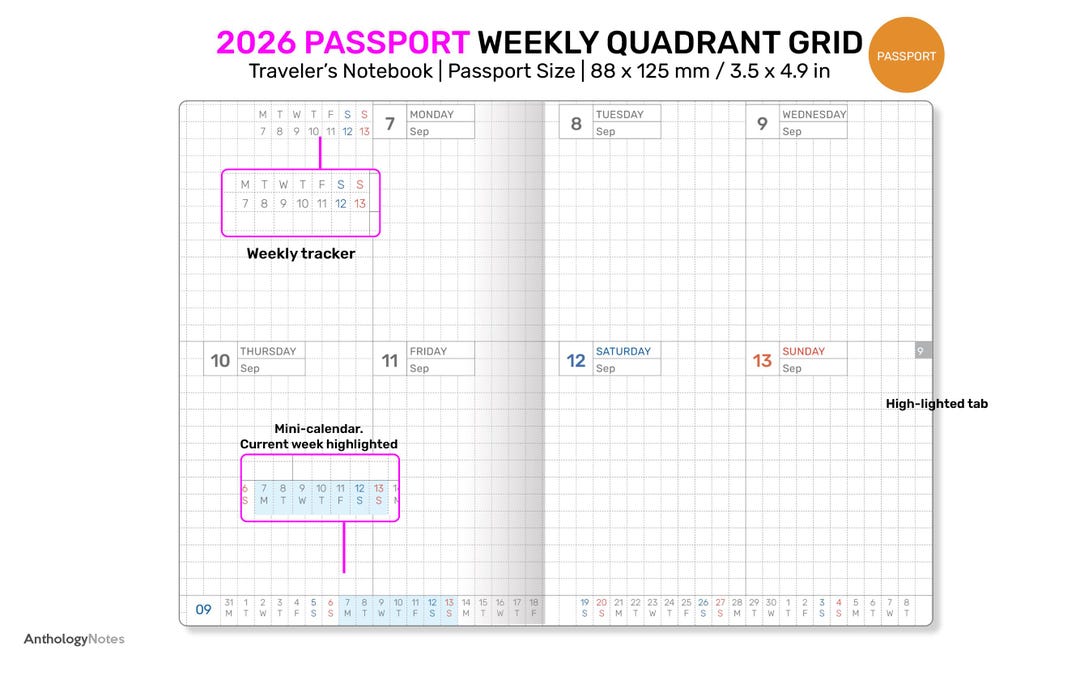 2026 Passport TN Weekly Planner GRID QUADRANT Vertical Traveler's ...