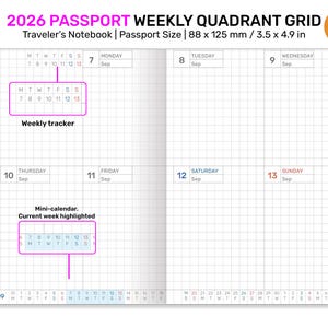 Könnte beinhalten: Ein Reisetagebuch im Passformat mit einem Wochenquadratraster für 2026. Es verfügt über einen Wochen-Tracker, einen Mini-Kalender und eine hervorgehobene Registerkarte. Maße: 88 x 125 mm (3,5 x 4,9 Zoll).