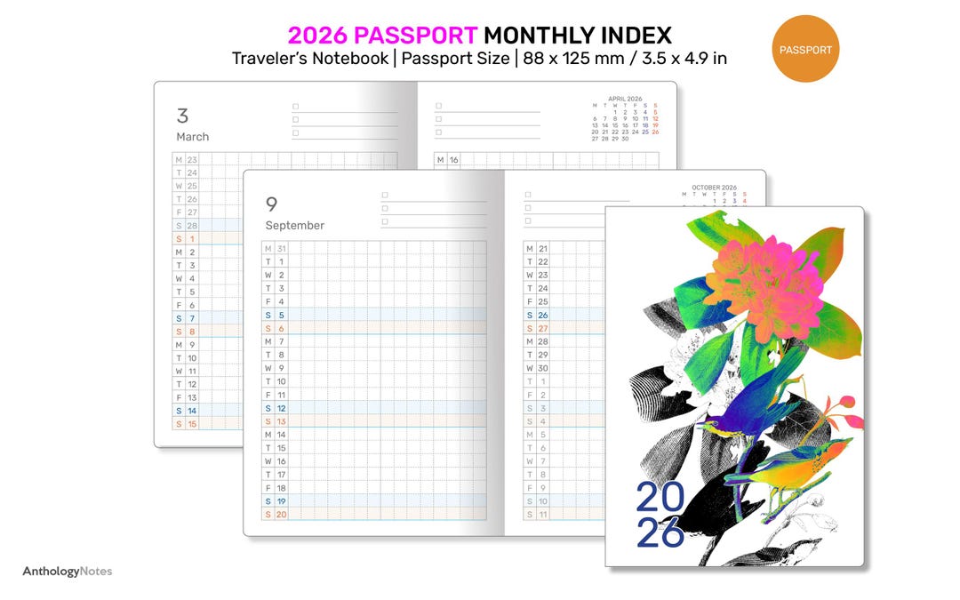 2026 PASSPORT Monthly Planner INDEX Grid Traveler's Notebook Printable ...