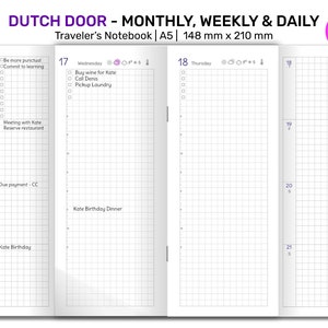 May include: An A5 size traveller's notebook with a Dutch door design. The left page has a weekly intentions section and a daily planner for Wednesday, 17th July. The right page has a daily planner for Thursday, 18th July and a blank grid page for Friday, 19th July. The notebook is 148 mm by 210 mm.