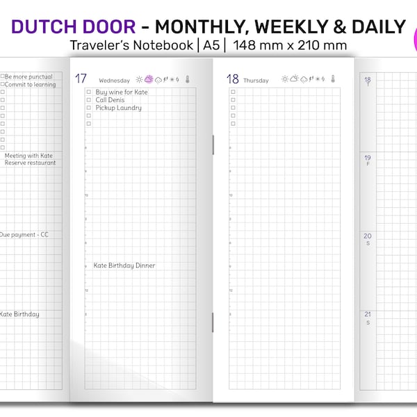 A5 TN Dutch Door Style Traveler's Notebook Druckbare Einlage Täglich, Wöchentlich, Monatlich Gitter Minimalistisch DD-A5001