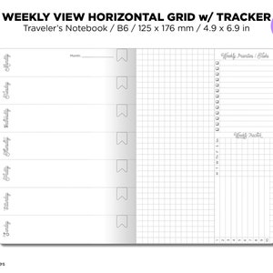 Puede incluir: Una página de planificador semanal con un diseño de cuadrícula horizontal. La página está dividida en siete secciones para cada día de la semana, con un espacio para un calendario mensual en la parte superior. La página también incluye una sección para prioridades y tareas semanales, y un rastreador semanal.