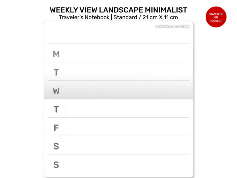 Puede incluir: Un planificador semanal con un dise&ntilde;o minimalista de paisaje. El planificador est&aacute; etiquetado como "Weekly View Landscape Minimalist" y "Traveler's Notebook | Standard / 21 cm X 11 cm". El planificador tiene un fondo blanco con texto gris y l&iacute;neas para cada d&iacute;a de la semana: lunes, martes, mi&eacute;rcoles, jueves, viernes, s&aacute;bado y domingo.