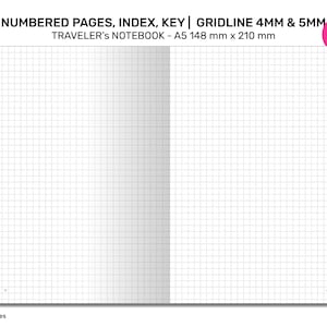 May include: A white notebook with a grid pattern. The notebook is A5 size and has numbered pages, an index, and a key. The gridlines are 4 mm and 5 mm apart. The notebook is labelled "Traveler's Notebook".