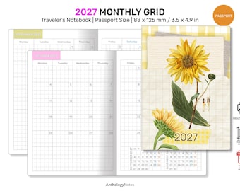2027 PASSPORT Monthly Diary GRID Traveler's Notebook Printable Insert Mo2P Minimalist TN DPP003-2026