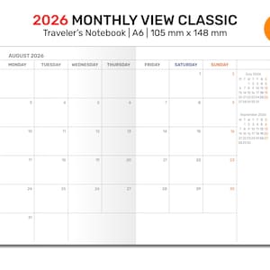 May include: A white 2026 monthly view classic traveler's notebook, A6 size, with a calendar layout for August. The notebook includes a calendar for July and September. The dimensions are 105 mm x 148 mm.