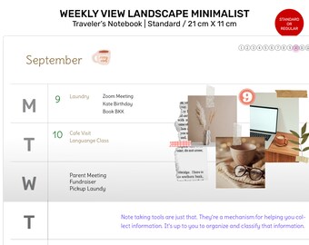 Könnte beinhalten: Ein Wochenplaner im minimalistischen Design. Der Planer ist für den Monat September und enthält eine Liste von Aufgaben für jeden Tag der Woche. Der Planer ist 21 cm x 11 cm groß.