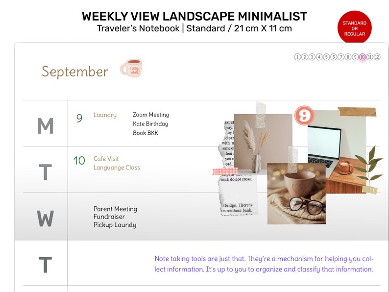 Puede incluir: Un planificador semanal con un dise&ntilde;o minimalista. El planificador es para el mes de septiembre e incluye una lista de tareas para cada d&iacute;a de la semana. El planificador mide 21 cm por 11 cm.