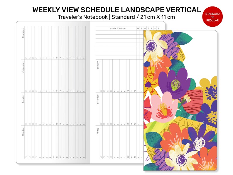 Puede incluir: Agenda semanal en formato horizontal vertical para el cuaderno de viaje. El cuaderno tiene un dise&ntilde;o floral. Mide 21 cm por 11 cm.