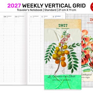 May include: A 2027 weekly vertical grid traveler's notebook measuring 21 cm x 11 cm. The layout features a white grid interior and two covers with botanical illustrations of Spondias mombin and Delonix regia, labeled with the year 2027.