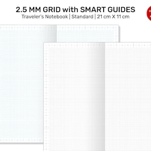 以下が含まれることがあります： スマートガイド付きの2.5mmグリッドノートの2ページが開かれています。ノートは標準サイズで、21cm×11cmです。ページは白で、薄い青色のグリッド線が入っています。