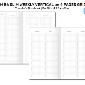 Puede incluir: Un planificador vertical semanal para el Traveler's Notebook en tamaño B6 Slim. El planificador está impreso en 4 páginas y tiene un diseño de cuadrícula. El planificador mide 10,8 cm por 17,5 cm.