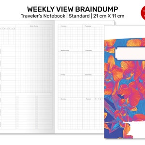 May include: A weekly view braindump notebook with a floral design on the cover. The notebook is 21 cm by 11 cm and is standard size.