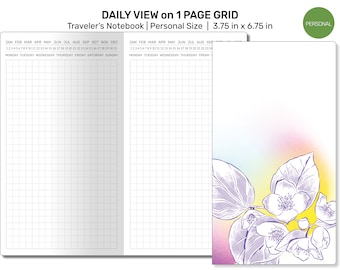 May include: A daily view on 1 page grid traveler's notebook in personal size, measuring 3.75 inches by 6.75 inches. The notebook has a grid pattern and a floral design on the cover.