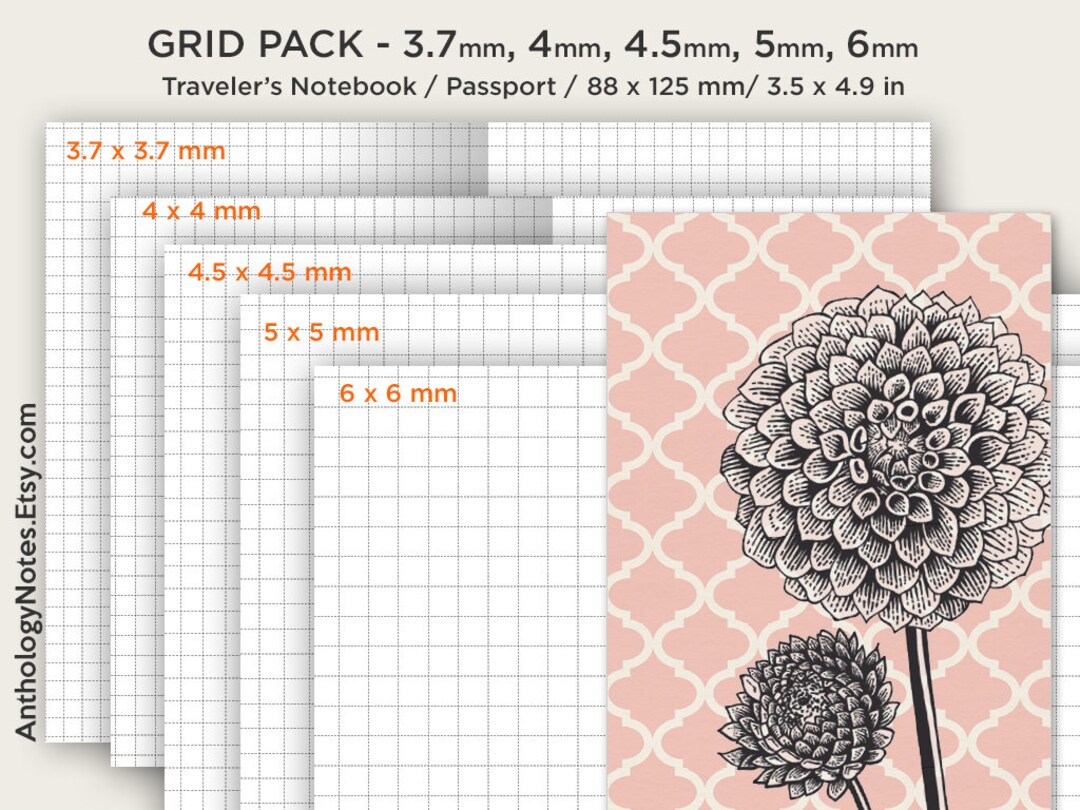 Traveler's Notebook Printable Passport Size Classic Grid Lines Grid SET ...