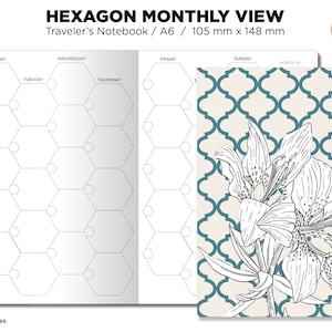 May include: A monthly planner with a hexagon grid layout. The planner is designed for a traveler's notebook and is sized A6, measuring 105 mm by 148 mm. The cover features a floral design with white lilies on a cream background with a teal trellis pattern.