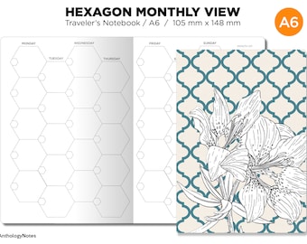 May include: A monthly planner with a hexagon grid layout. The planner is designed for a traveler's notebook and is sized A6, measuring 105 mm by 148 mm. The cover features a floral design with white lilies on a cream background with a teal trellis pattern.