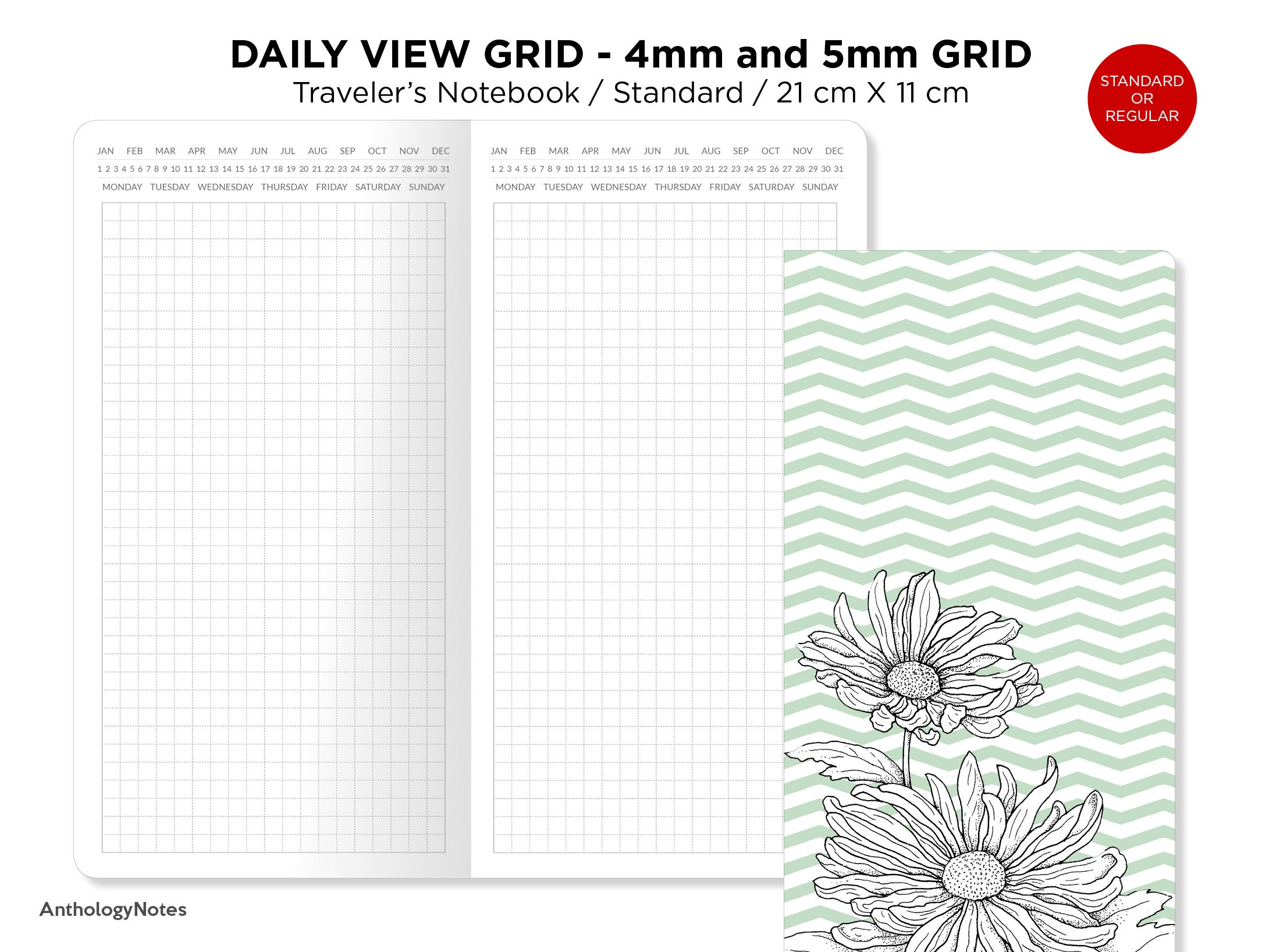 daily view grid traveler s notebook printable insert etsy