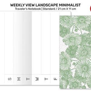 Puede incluir: Un planificador semanal con dise&ntilde;o minimalista y formato horizontal. El planificador tiene un fondo blanco con un patr&oacute;n floral verde en el lado derecho. El planificador mide 21 cm por 11 cm.
