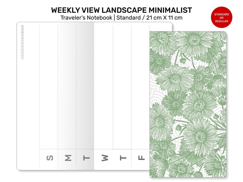 Puede incluir: Un planificador semanal con dise&ntilde;o minimalista y formato horizontal. El planificador tiene un fondo blanco con un patr&oacute;n floral verde en el lado derecho. El planificador mide 21 cm por 11 cm.