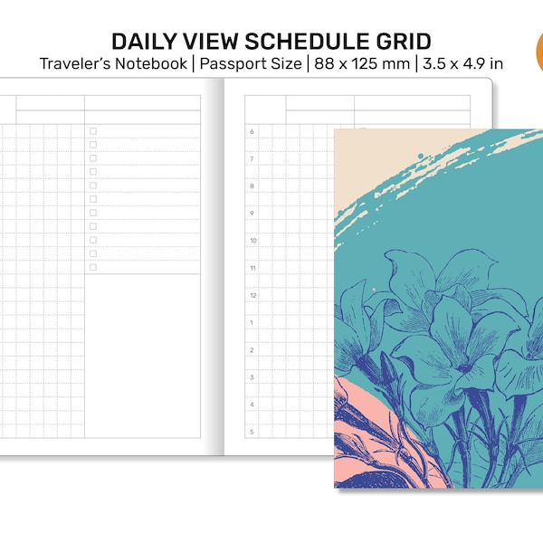 Puede incluir: Un cuaderno de cuadrícula de horario de vista diaria con un diseño floral en la portada. El cuaderno mide 3,5 pulgadas por 4,9 pulgadas y es de tamaño pasaporte. La portada es de color azul claro con un diseño floral rosa y blanco.