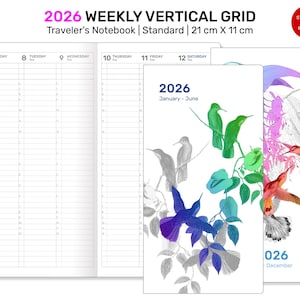 May include: A 2026 weekly vertical grid traveler's notebook, standard size 21 cm x 11 cm. The notebook features a white cover with colorful hummingbird illustrations. The notebook is designed for DIY print-at-home use and is available in A4 & US Letter format.