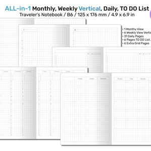 B6 TN All-in-One Monthly, Weekly Vertical, Tracker / TO DO List, Grid Notes Printable Traveler&#39;s Notebook Insert