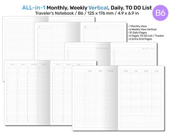 B6 TN All-in-One Monthly, Weekly Vertical, Tracker / TO DO List, Grid Notes Printable Traveler's Notebook Insert