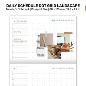 Könnte beinhalten: Ein Dot-Grid-Landscape-Traveler's-Notebook im Passformat, 88 x 125 mm. Das offene Notizbuch zeigt einen Tagesplan mit dem Datum 18. September und einer Liste von Aktivitäten. Das Notizbuch hat einen weißen Hintergrund mit einem Punktmuster.
