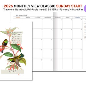 Puede incluir: Insert de cuaderno de viaje imprimible 2026 Monthly View Classic Sunday Start. Presenta un diseño floral con colibríes y una cita. Tamaño B6, 125 x 176 mm. Incluye un diseño de calendario mensual.