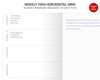 TN Standard Weekly View Horizontal GRID Classic Printable Traveler's Notebook Refill