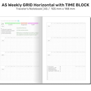 May include: A5 Weekly GRID Horizontal with TIME BLOCK Traveler's Notebook, a white planner with a grid layout and time blocks for each day of the week. The planner is 105 mm by 148 mm.